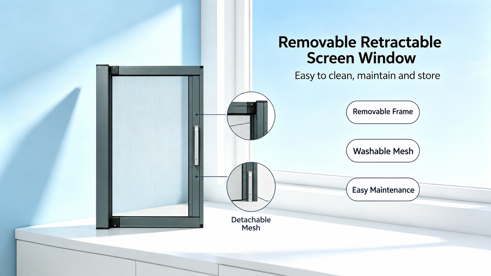 45 Series removable retractable screen window with a removable frame and washable mesh