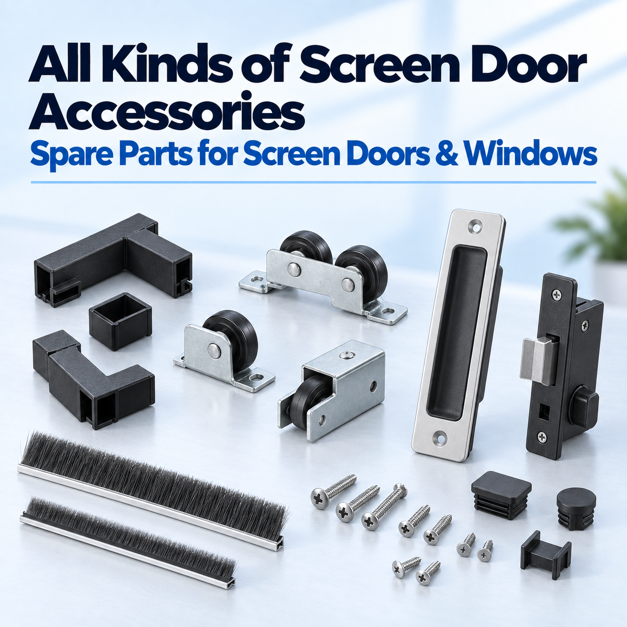 Illustrative assortment of screen door corner connectors, rollers, handles, fasteners and brush seals