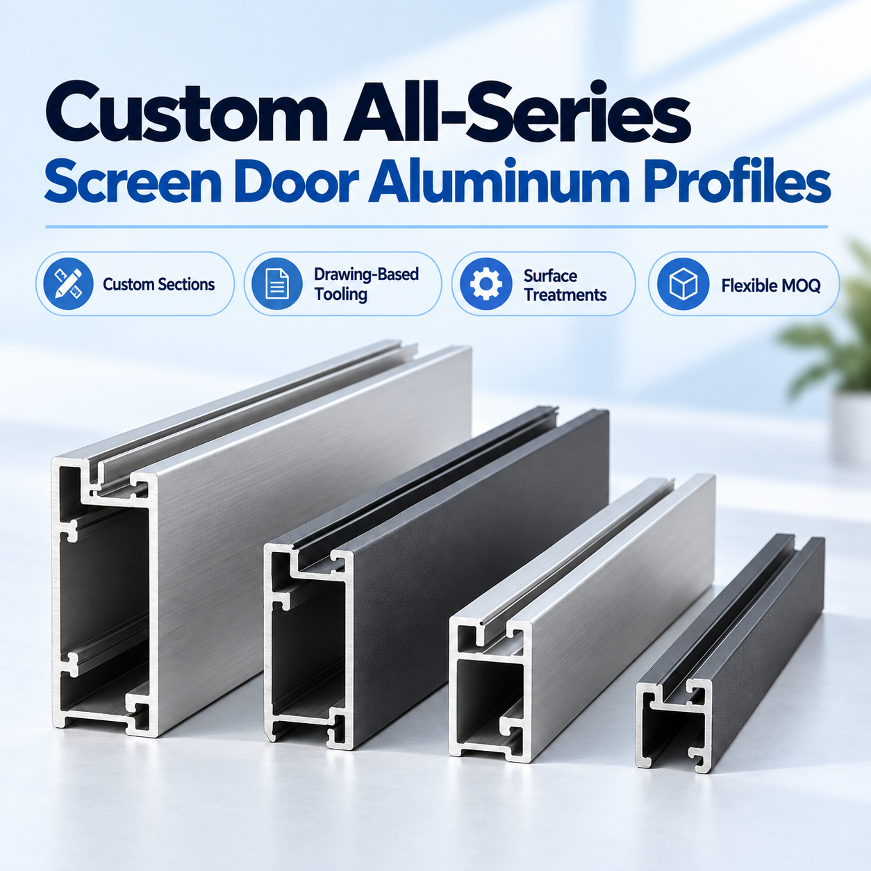 Realistic silver and charcoal aluminum profile samples for custom screen door sections