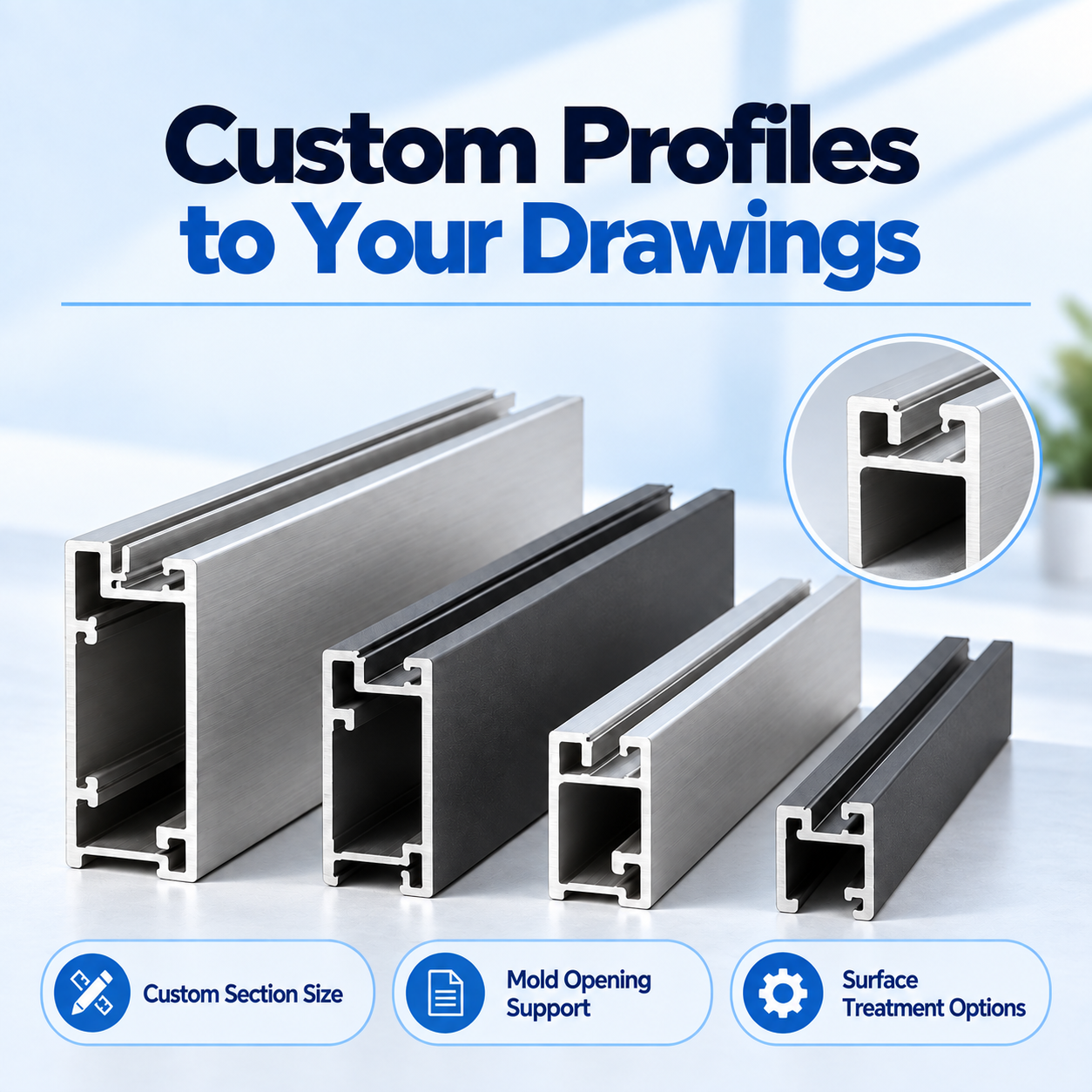 Aluminum profile samples illustrating custom section sizes, mold opening support and surface treatment options