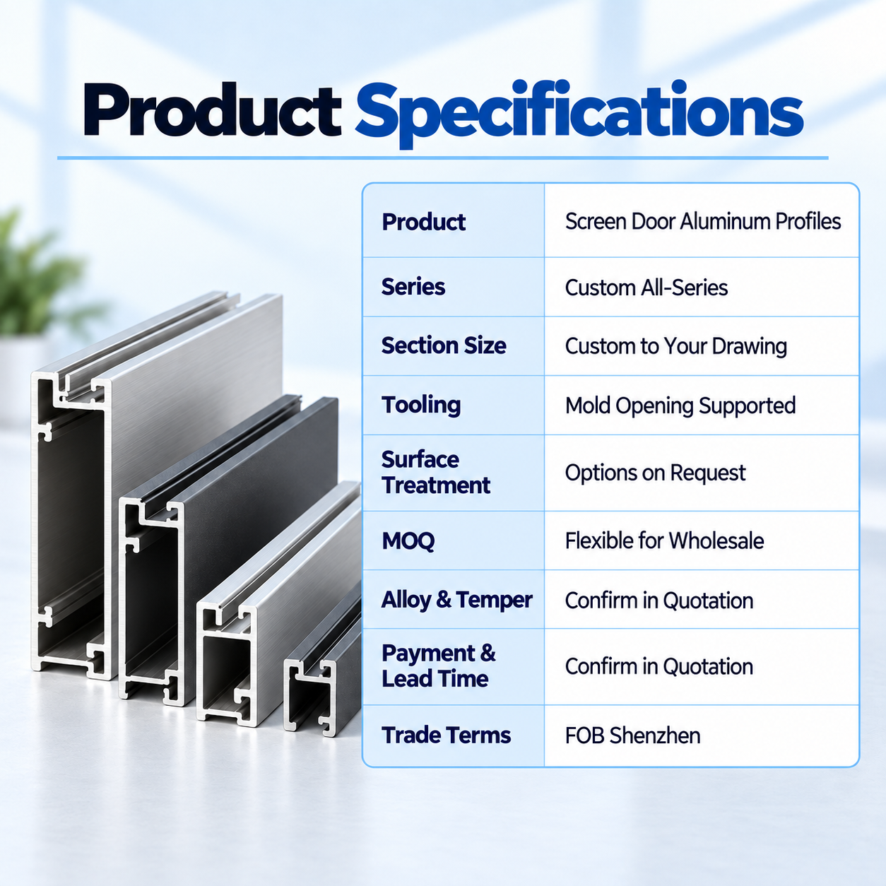 Custom aluminum profile specifications with drawing-based sections, tooling support and flexible wholesale MOQ