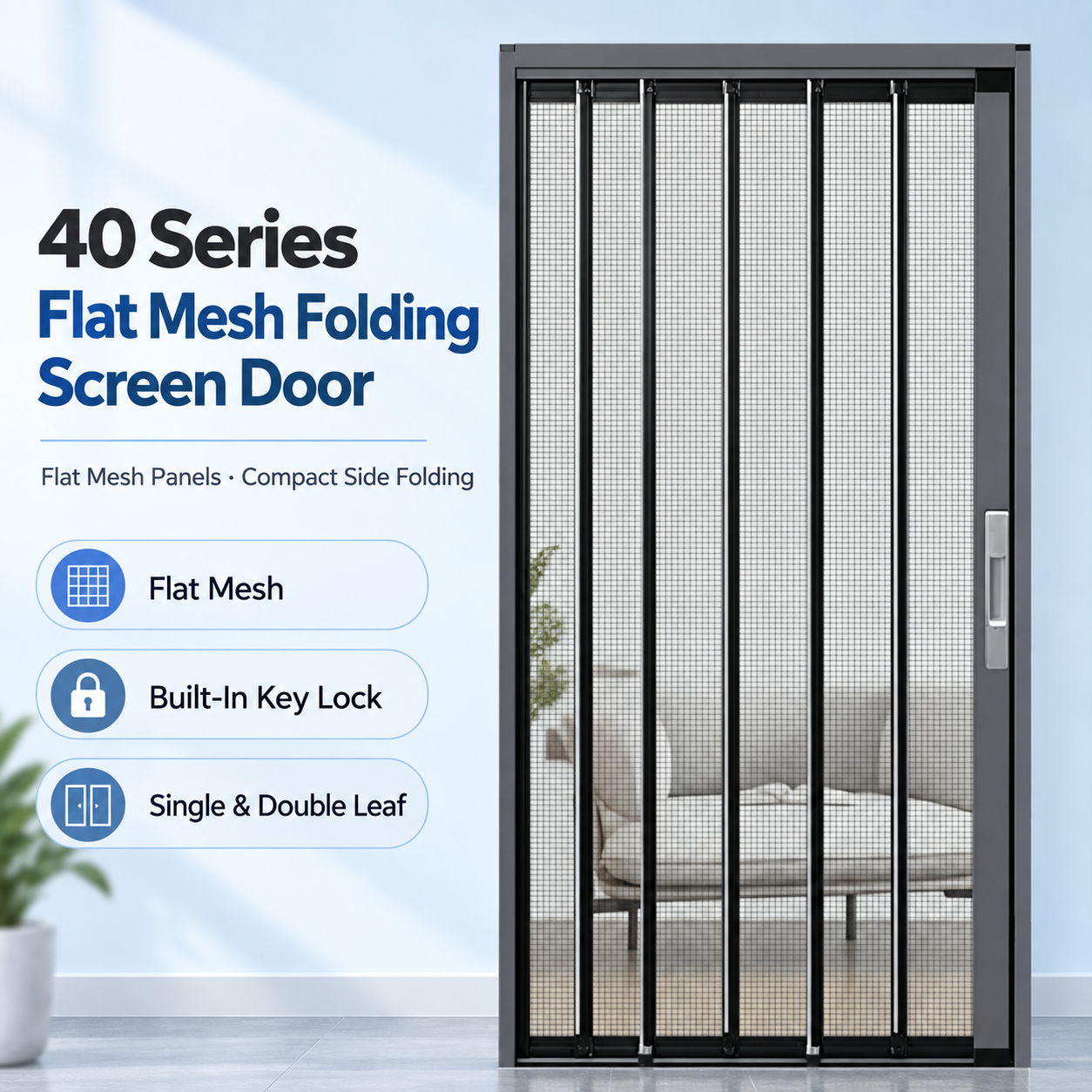 40 Series flat mesh folding screen door with a dark frame, narrow folding sections and a silver-tone recessed handle
