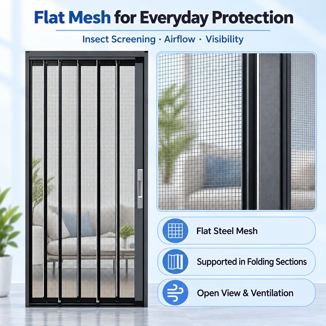 Flat steel mesh supported in folding sections for insect screening, airflow and visibility
