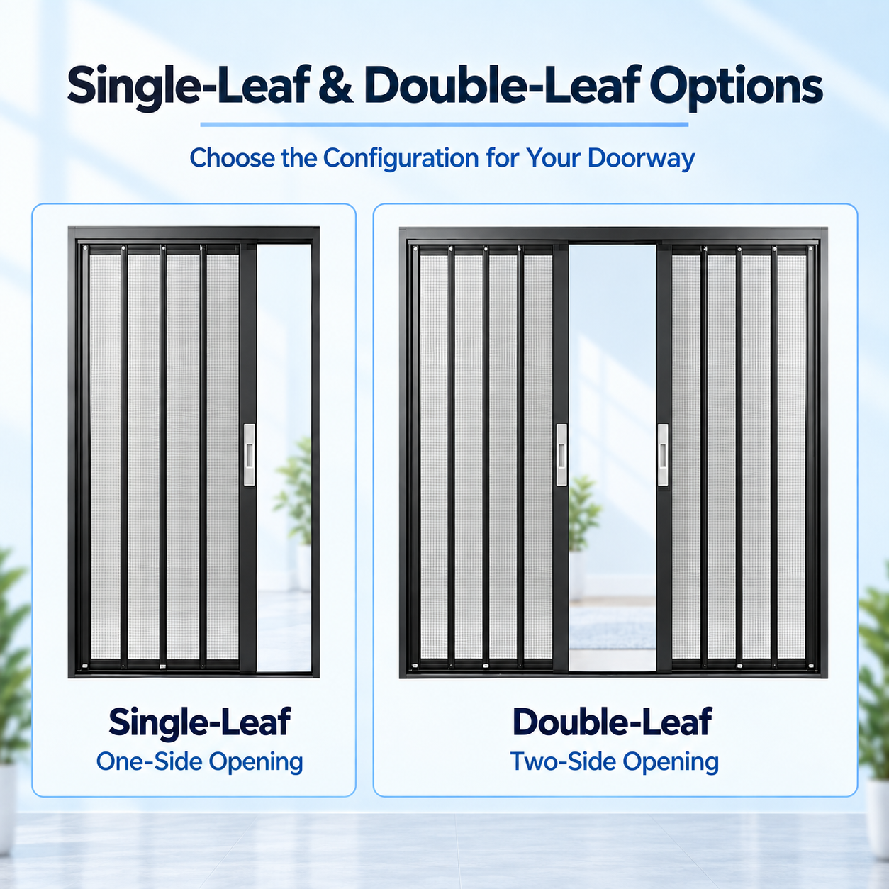 40 Series single-leaf and double-leaf folding screen door configurations