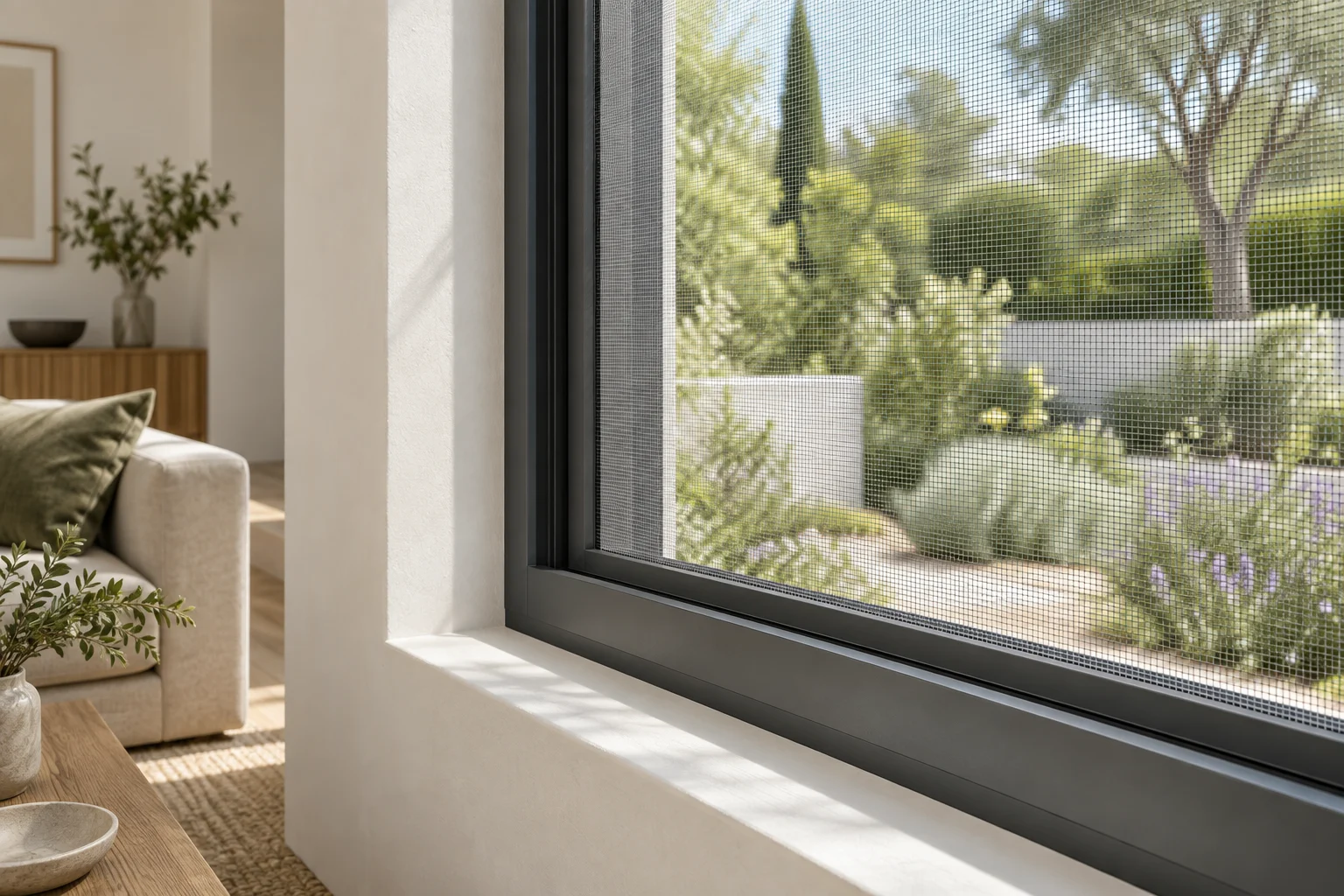 Illustrative interior featuring an aluminum-framed insect screen window