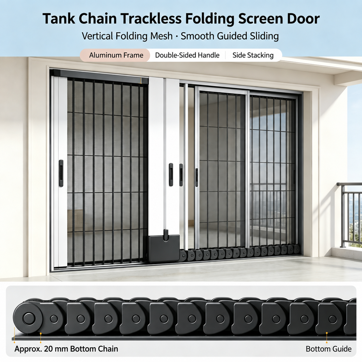 Tank chain folding screen door with vertical PET mesh, slim aluminum frame and a localized bottom guide