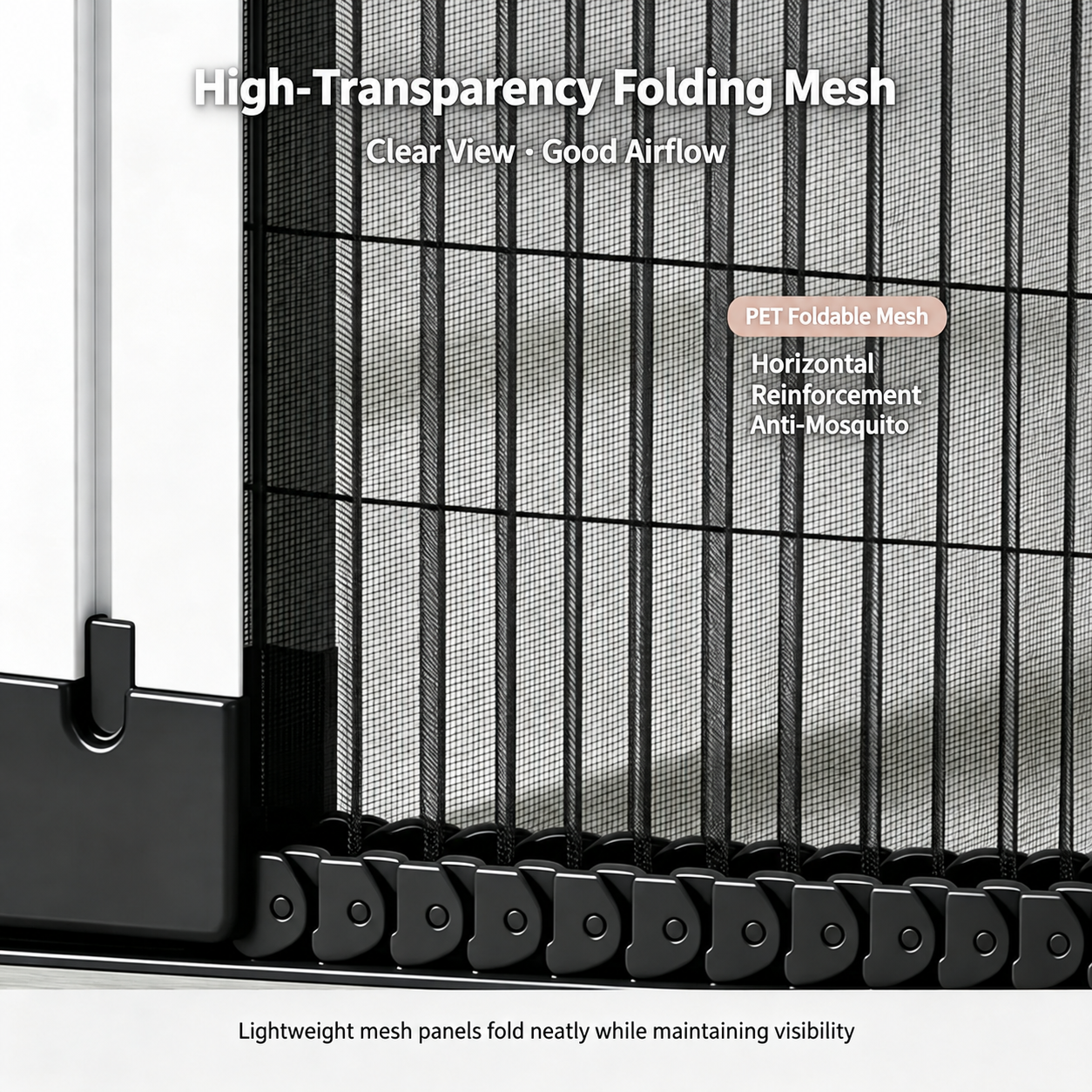 High-transparency PET folding mesh with horizontal reinforcement for visibility and airflow