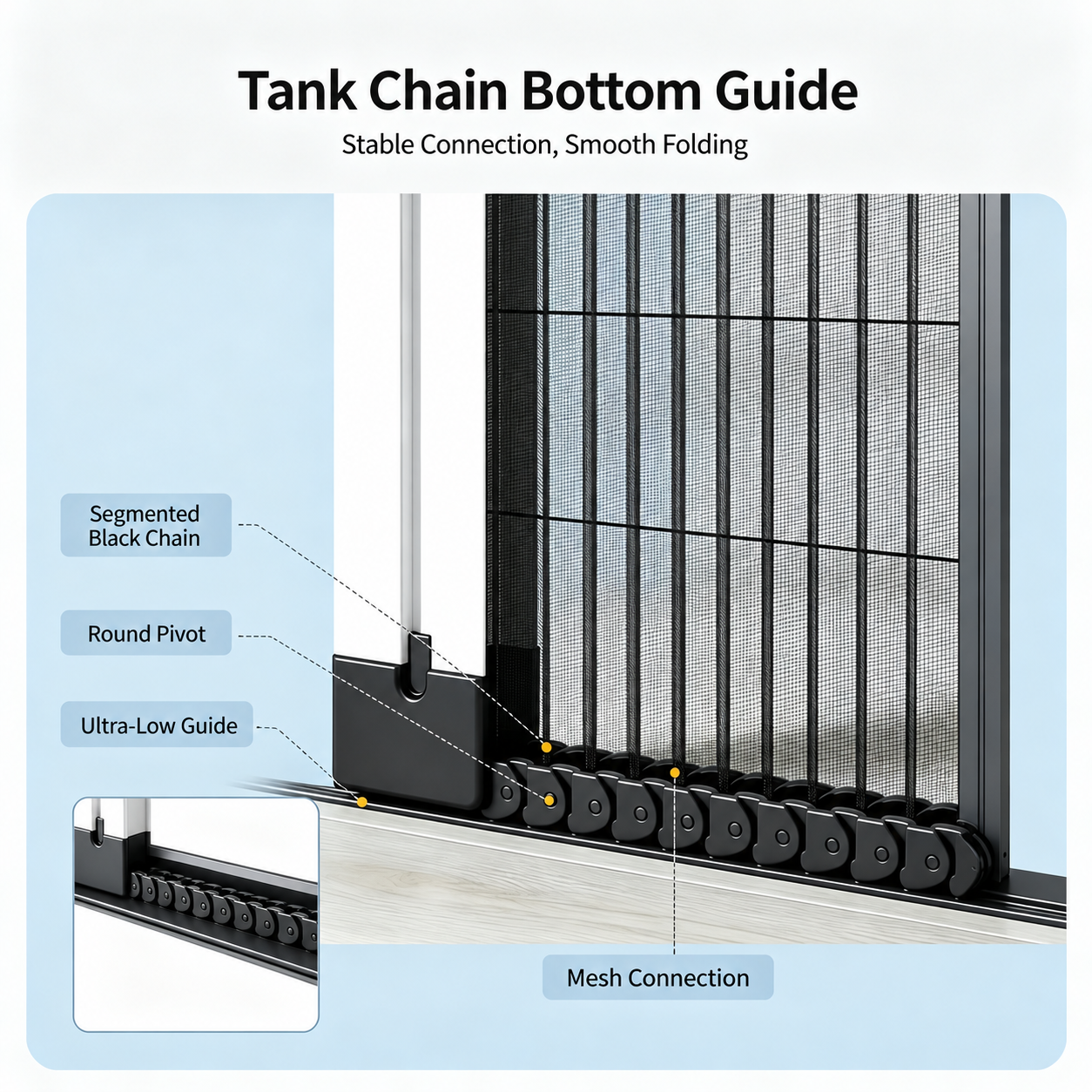 Localized black segmented bottom chain with round pivots, mesh connections and an ultra-low guide
