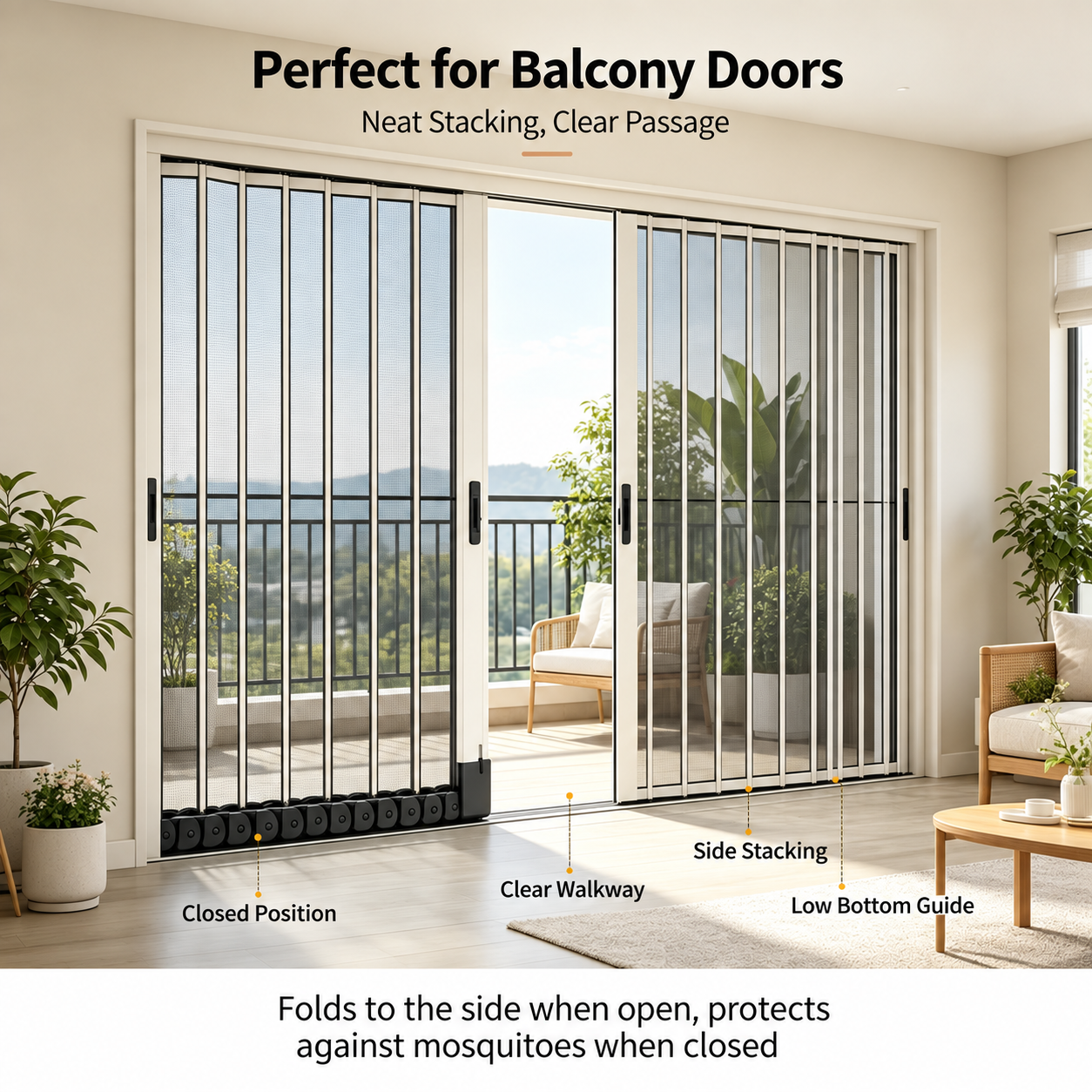 Balcony folding screen door showing side stacking, a clear passage and low bottom guide